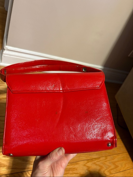 Red Leather Top-Handle Shoulder Bag with Silver D-Ring Accent - Picture 12 of 15